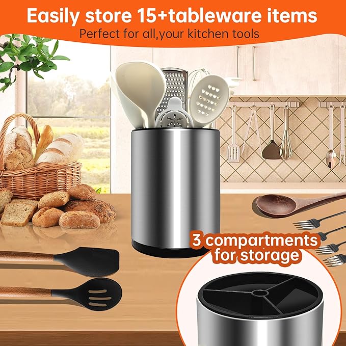 Stainless 360° Rotating Kitchen Utensil Holder,Large Counter Utensil Caddy, Cooking Spoon Stand Spatula Cutlery Metal Utensil Canister Tool Silverware Holder Rack For Countertop (Silver)