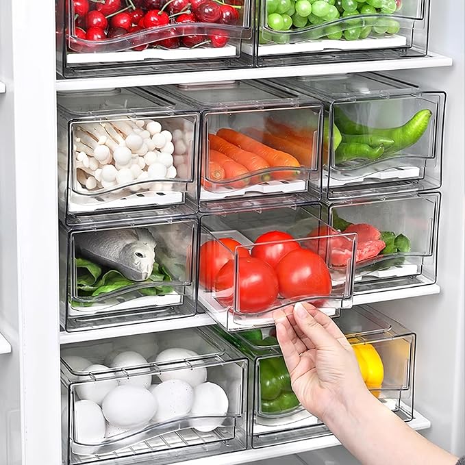 2 Pack Fruit Storage Containers for Fridge with Drain Board, Stackable Fridge Organizers and Storage,Reusable Food Storage Containers,Refrigerator Drawer for Produce,Fruit,Vegetable,BPA-Free