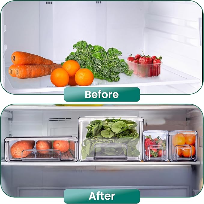 4-Pack - Fridge Organizer Bins - Stackable Fridge Organization with Drawers, Water Collection Insert, Easy Access Refrigerator Organizers and Storage
