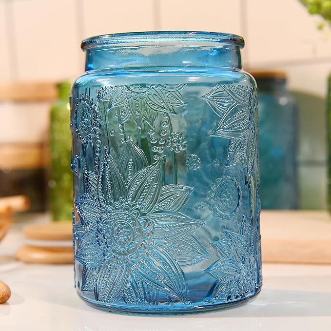 Glass Storage Jars With Airtight Lid, 23.7oz Canister For Kitchen Counter with Bamboo Lid, brown sugar, candy, coffee, cookie, salt, tea,pantry cute Jar (Blue 2-Pack, 23.7 fl oz)