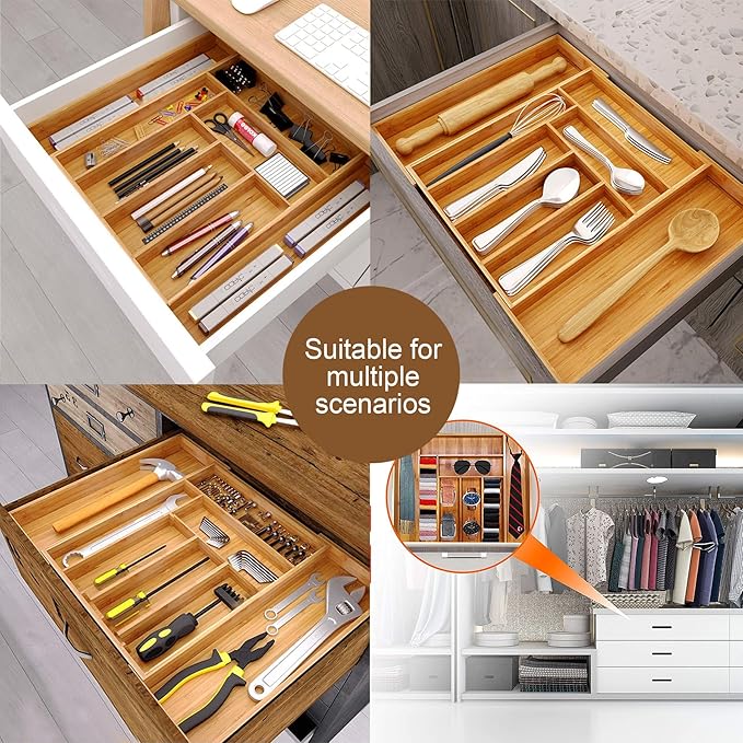 Expandable Bamboo Silverware Drawer Organizer for kitchen, bamboo drawer organizer of 8 Compartments, Flatware and Kitchen Utensils organizer(Natural)