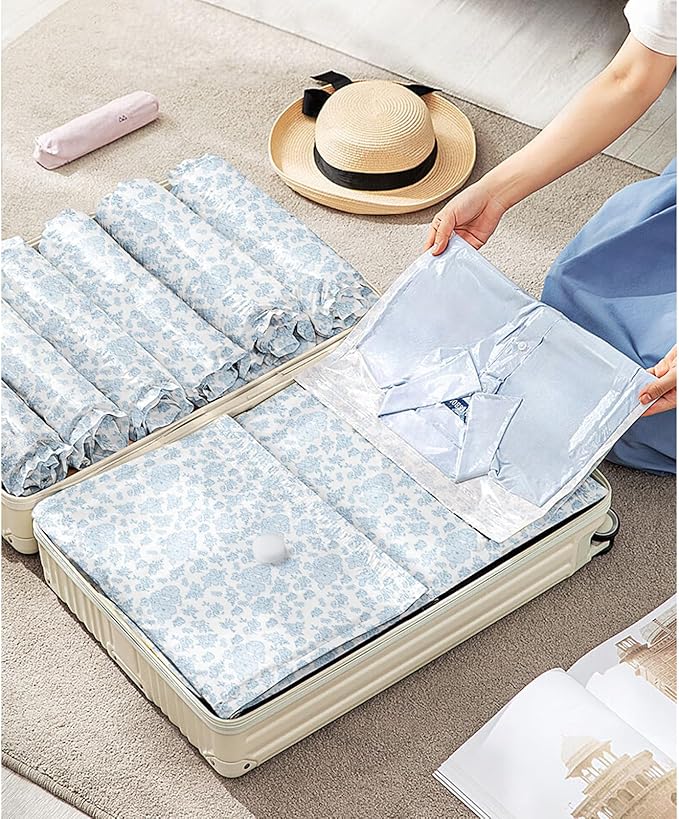 10 Pack Travel Vacuum Storage Bags with Electric Pump, 2 Large + 4 Medium + 4 Small Vacuum Sealer Bags, 80% Space Saver Bags for Luggage, Comforters and Blankets, Travel Essentials(Blue Flowers)