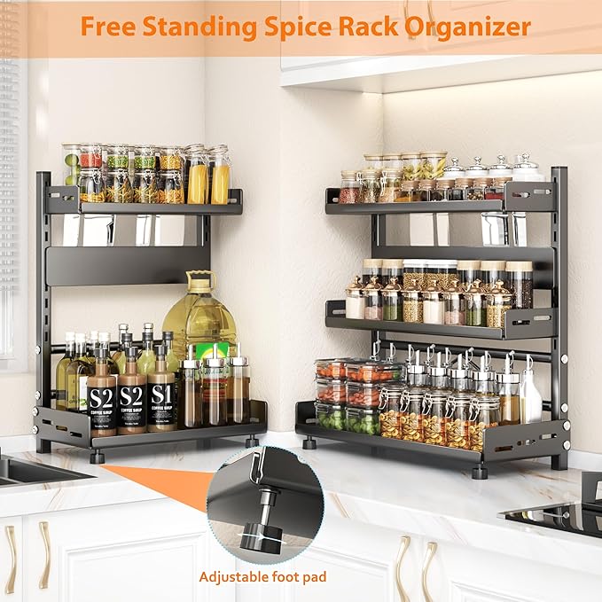 VORA Spice Rack for Countertop, 3 Tier Height-Adjustable Spice Organization for Cabinet, Kitchen Countertop Organizer, Metal Standing Large Seasoning Storage Shelf, Black