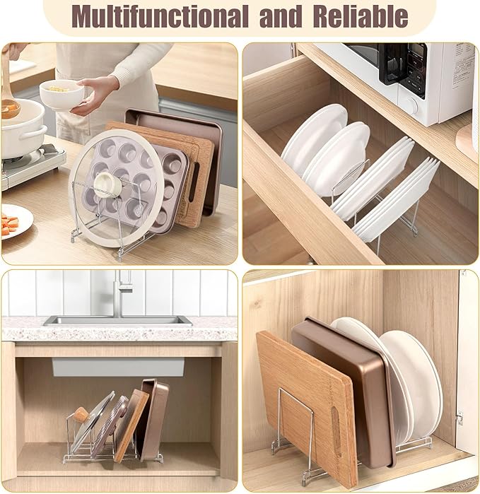 304 Stainless Steel Pot Lid Holder Cutting Board Pan Organizer, 2-Pack, Kitchen Rack for Baking Sheets, Plates, Trays, Counter Top Cabinet Drawer Cupboard Organization and Storage