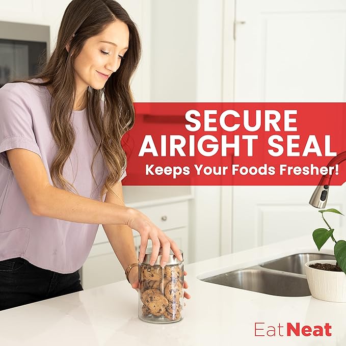 EatNeat Set of 4 Glass Canisters with Stainless Steel Lids - Sleek Airtight Glass Storage Containers for Flour, Sugar, Coffee, and Snacks, Essential for Kitchen Organization, Clear, Various Sizes