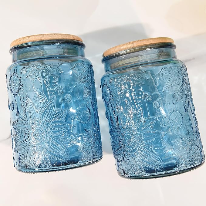 Glass Storage Jars With Airtight Lid, 23.7oz Canister For Kitchen Counter with Bamboo Lid, brown sugar, candy, coffee, cookie, salt, tea,pantry cute Jar (Blue 2-Pack, 23.7 fl oz)