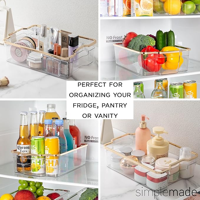 SIMPLEMADE Clear Refrigerator Organizer Bins - Clear Bins for Fridge, Containers for Fridge and Freezer, Multipurpose Storage for Kitchen, Office, Bathroom, Gold Rim (8" x 12")