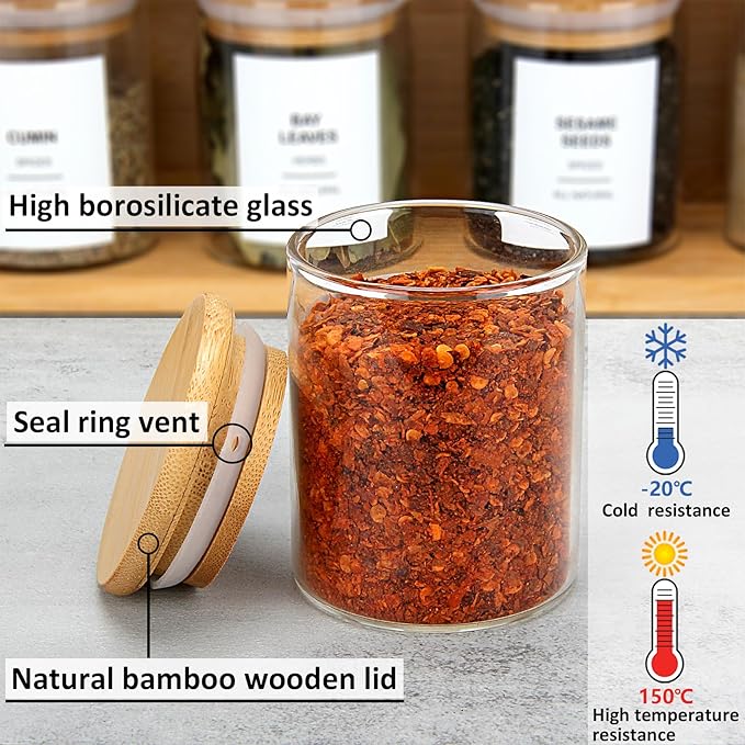 4OZ Glass Spice Jars with Bamboo Lids and 315 Labels, 24 Pcs Clear Food Storage Containers for Kitchen Sugar Salt Coffee Tea Beans