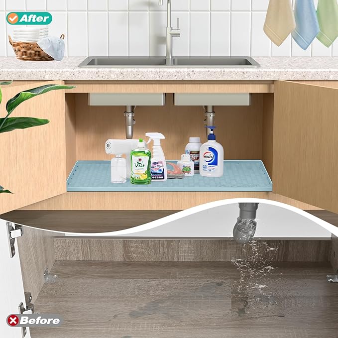 Waterproof Under Sink Mat 22" x 19", Silicone Cabinet Liner, Rubber Protector for Kitchen and Bathroom, Keeps Cabinets Clean, Dry, and Organized (Light Blue)