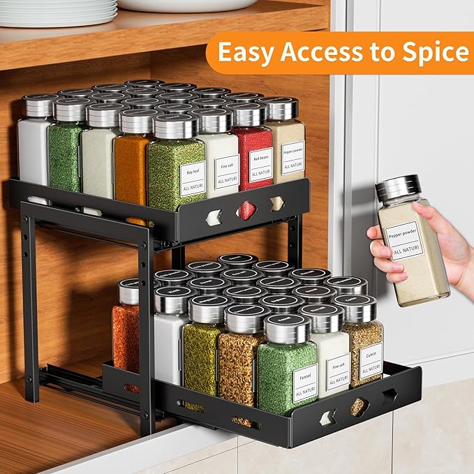 RCHYFEED Pull Out Spice Rack Organizer for Cabinet, 2-Tier Heavy Duty Slide Out Spice Rack for Inside Cabinets & Pantry, Kitchen Seasoning Organizer Vertical Spice Racks,9.5" Wx10.8 Dx9.7 H,Black