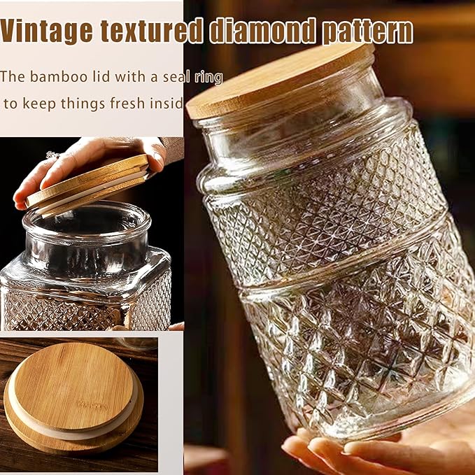 Vintage Glass Jar with Lid Wood Spoon 60 OZ Round Thick Glass Storage Jars Airtight Lids Decorative Canister Container for Food Candy Cookie Sugar Coffee Tea Nuts Snack Bath Salt