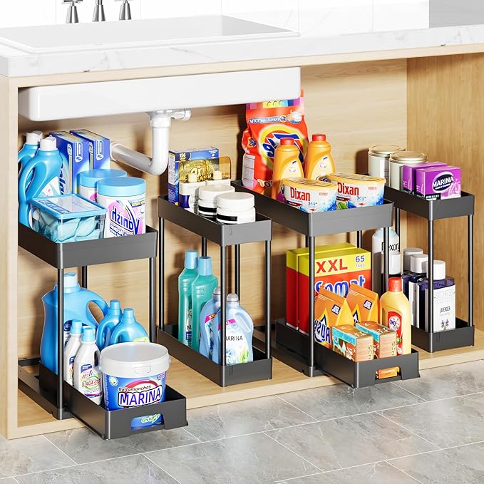 Delamu 4 Pack Under Sink Organizers and Storage, 2 Tier Black Bathroom Cabinet Organizer, Multi-Use Kitchen Bathroom Organizers and Storage