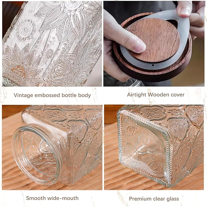 Glass Storage Jars With Airtight Lid, 23.7oz Container For Kitchen Counter with Wood Lid, brown sugar, candy, coffee, cookie, salt, tea, cute Jar (Square Sunflower)