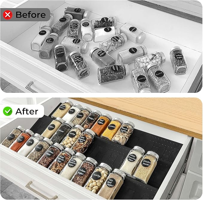 Famhap Spice Drawer Organizer, 6 Pack Drawer Seasoning Organizer Expandable from 11.6" to 23.2" Seasoning Rack Tray Insert for Kitchen Drawers, Spice Rack Tray for Drawer/Countertop (Black)