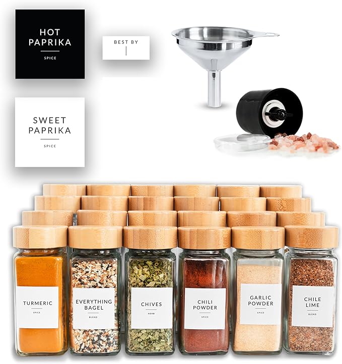 SAVVY & SORTED Glass Spice Jars with Label, 24PK Bamboo Jar Spices Set 4oz, 374 Spice Labels, Pepper Grinder, Empty Herb Seasoning Containers, Funnel and Shaker Lids