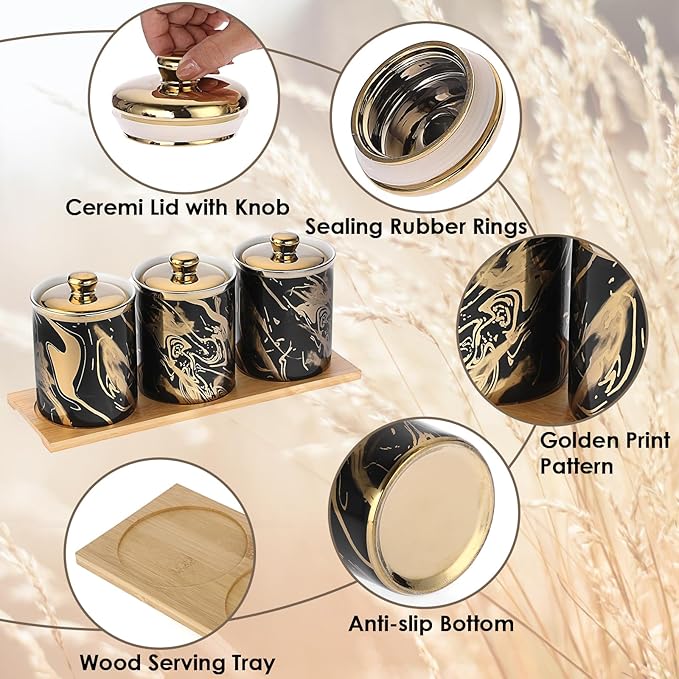 3 Pack Ceramic Canister Set with Lids and Bamboo Tray, Coffee Tea Sugar Container Set, Ceramic Storage Jar Decorative Storage Pots Kitchen Canister for Countertop, Black Marble Style