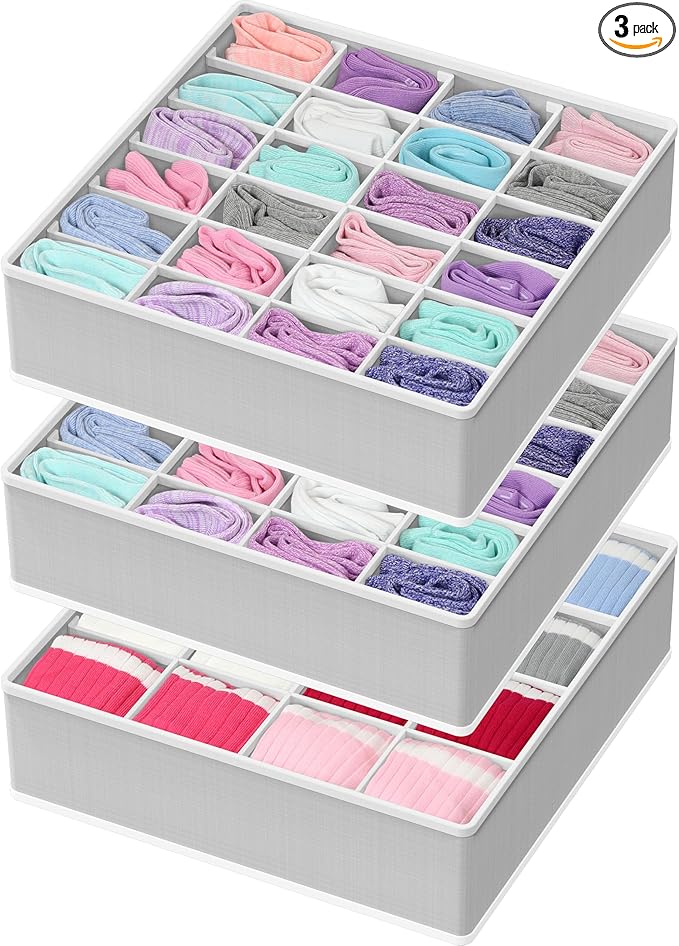 Simple Houseware Sock Drawer Organizer for Dresser/Closet/Bedroom, 3 Pack, Gray