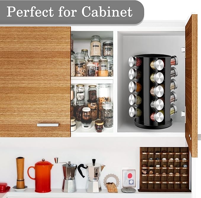 Revolving Spice Rack Organizer with 20 Jars, Spice Organizer for Cabinets Countertop, Stainless Steel Seasoning Organizer Rotating Tower Organizer Spice Storage Holder Shelf for Kitchen (No Spices)