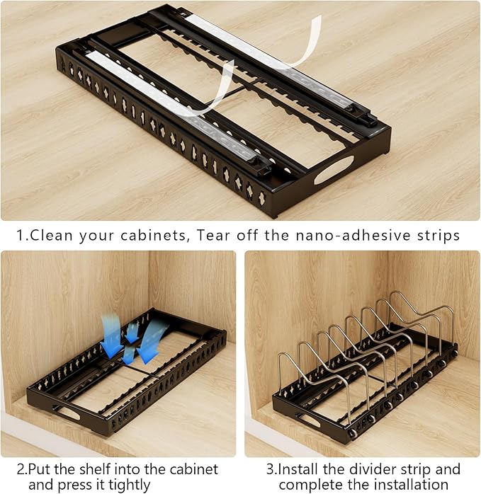 Pull Out Pots and Pans Organizer Under Cabinet, Sliding Lid Holder and Pan Rack in Kitchen, Slide Out inside Cabinet Storage for Pot Lid, Bakeware, Dishes, Pots and Pans Organizer, 1 Pack Black