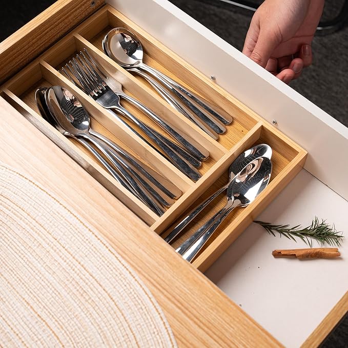 Silverware Organizer Bamboo Kitchen Drawer Organizer Kitchen Utensil Organizer with 5 Slots Flatware Organizer Tray for Kitchen, Flatware, Utensils(Natural)