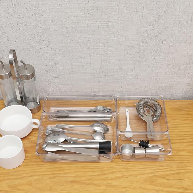 25 Pcs Clear Plastic Drawer Organizer Set,4 Sizes Small Organizer Bins for Bathroom,Office,Kitchen Cabinet and Vanity Organizers for Jewelry,Cosmetic,Gadgets Utensil In Drawer Organizer Trays