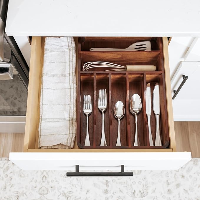 Silverware Organizer - Cutlery, Flatware, and Utensil Holder for Kitchen Drawers, Fixed 10.5” Width, 7 Storage Compartments, Non-Slip Feet, Rounded Corners, Acacia Wood