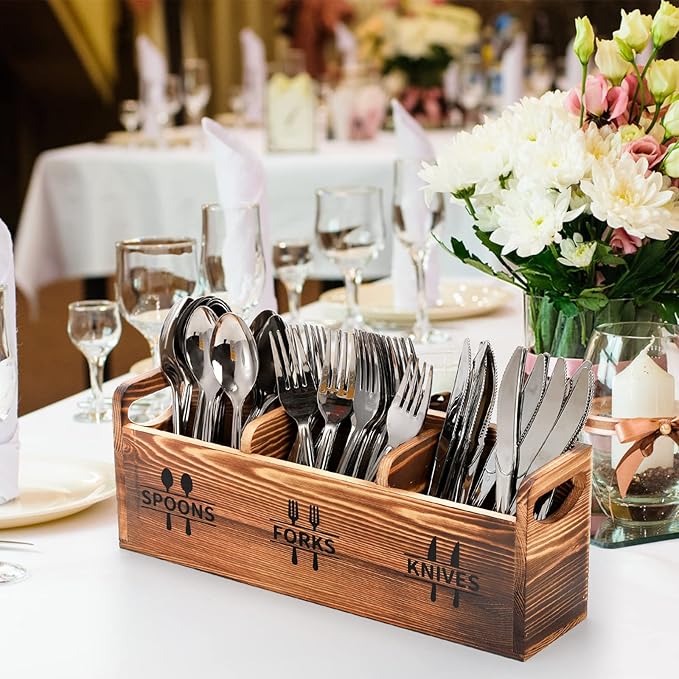 Fasmov 2 Pack Silverware Caddy, Wooden Utensil Caddy Silverware Cutlery Holder with 3 Compartment, Utensil Holder for Spoons, Knives, Forks, Perfect for Kitchen Decor and Countertop