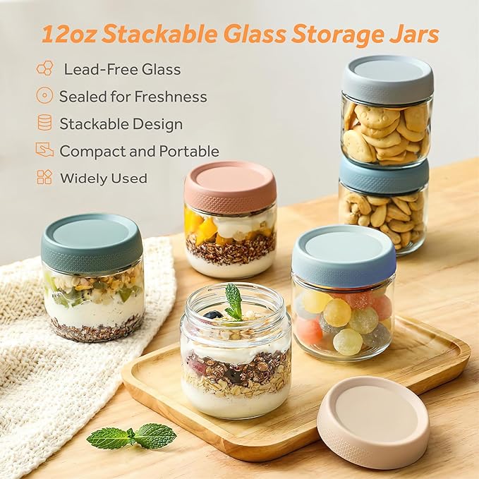 4 Pack Glass Clear Storage Canister with Airtight Lid, 12oz Overnight Oats Containers, Small Cute Decorative Pantry Jar for Snacks, Yogurt, Cereal, Fruit, Salad, Spice, Sugar, Coffee - White