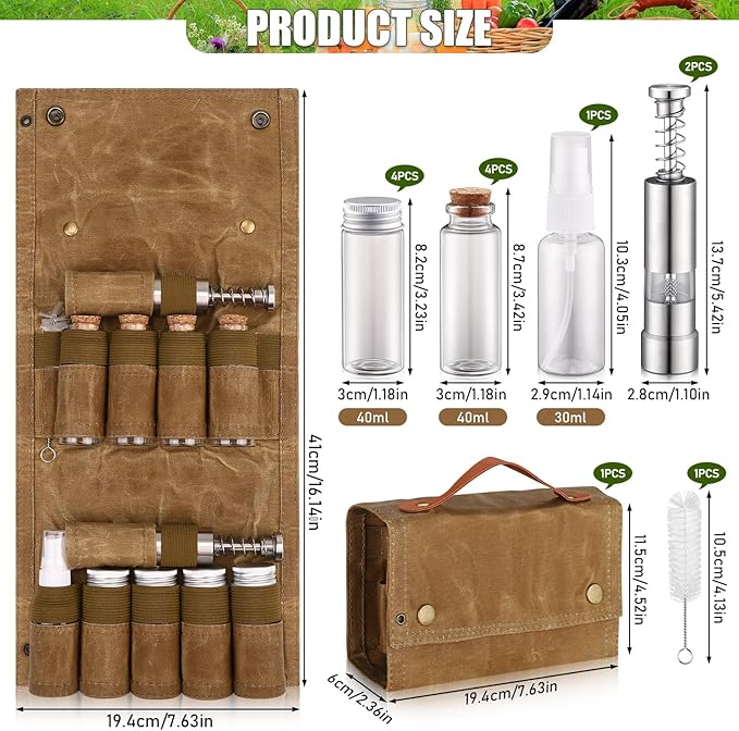 TOBWOLF Camping Spice Kit with 9 Jars, 2 Salt/Pepper Grinders, Portable Spice Bag, Foldable Canvas Seasoning Storage Bag Organizer, Mini Condiment Container Set for Outdoor Camping Picnic BBQ - Khaki