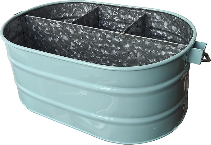 Galvanized Metal Caddy with 4 Compartments, Rustic Farmhouse Kitchen Indoor Outdoor Picnic Utensil Holder, Multipurpose Storage Bin, Metal Garden Planters - 12 Inch - Aqua