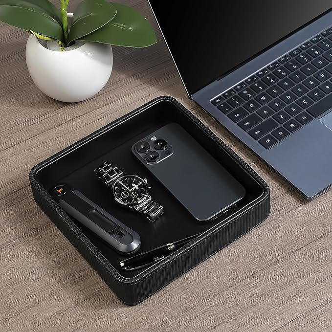 PU Leather Valet Tray Organizer, Small Nightstand Organizer Bedside Desktop Storage for Womens and Men, Perfume Trinket Catchall Vanity Tray for Key Watch Wallet (Black, Square)