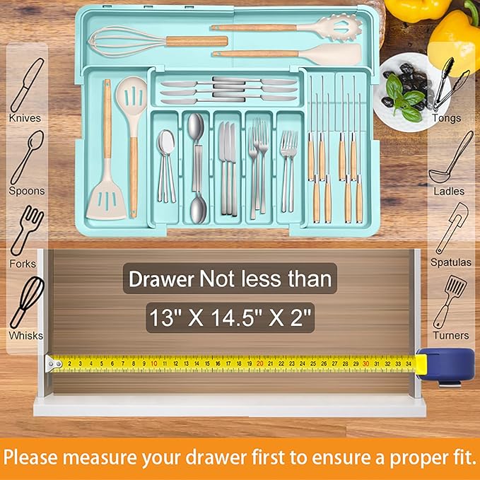 Homecor Silverware Organizer - Expandable Large Kitchen Drawer Organizer Utensil Organizer with 2 Knife Block Inserts, 22"x 19"Cutlery Tray with Drawer Dividers for Kitchen Flatware (Turquoise)