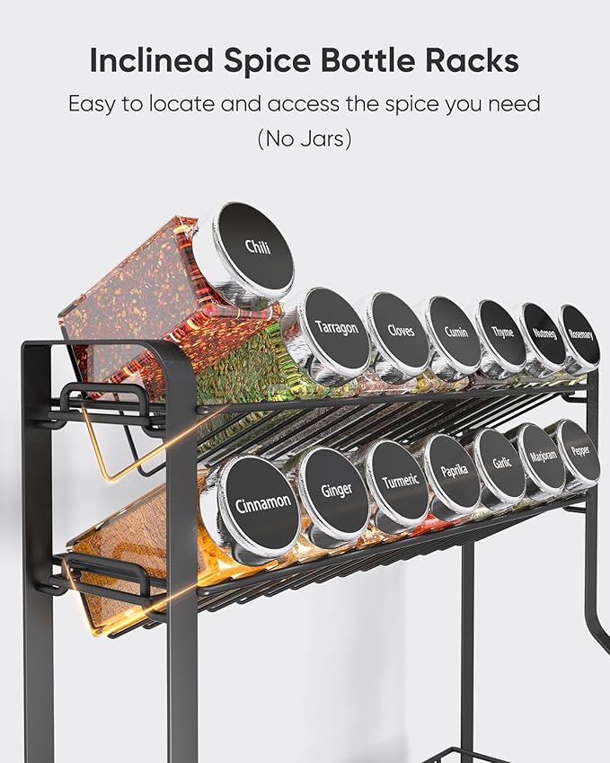 ULG Spice Rack Organizer for Countertop, 4 Tier Seasoning Organizer with Drawer, Spice Rack for Countertop, Cabinet, Spice Organizer for Pantry, Kitchen, Black