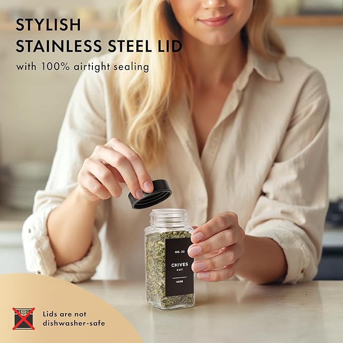 Glass Spice Jars with Label and Black Lids (24 x 4oz) Spice Containers with 240 Labels, Shaker Inserts, Steel Funnel, Empty Square Empty Square Seasoning Organizer