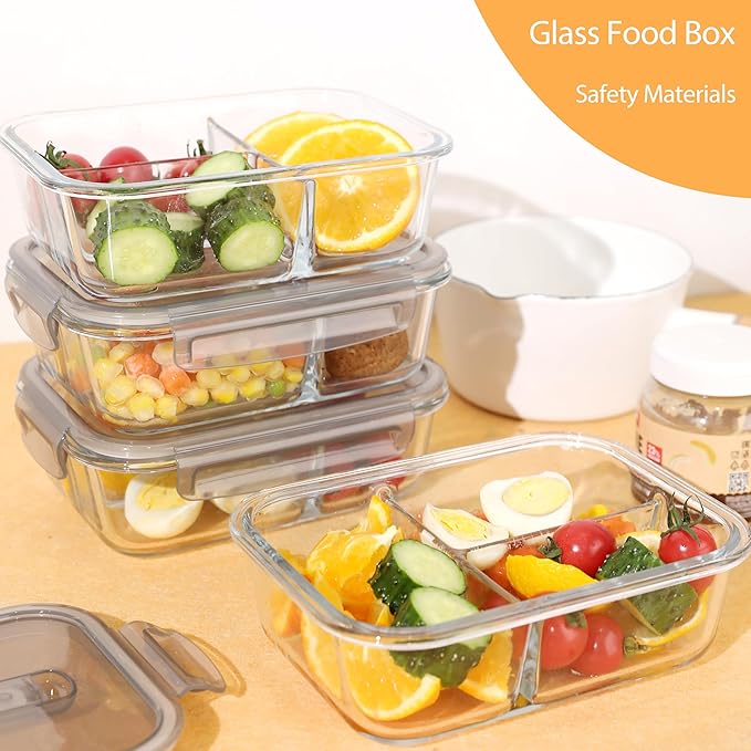 5 Pack, 35 Oz Meal Prep Containers Reusable, Glass Storage Containers with Lids,Glass Lunch Containers with Lids,Oven and Freezer Safe, Food Storage and Portion Control - light gray