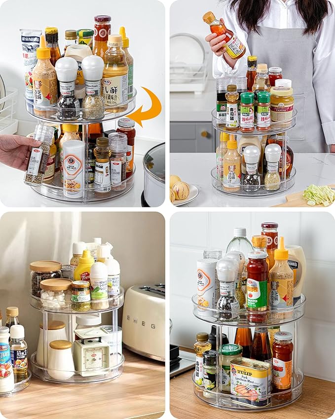 Roninkier 2-Tier Clear Lazy-Susan Turntable – 11-Inch Pantry Spice-Rack Cabinet-Organizer – Plastic Lazy Susan Makeup Organizer for Bathroom Countertop