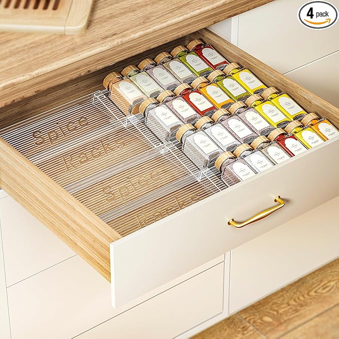 Spice Drawer Organizer 4-Pack, Expandable from 11" to 22" Clear Acrylic Spice Rack for Drawer, Ideal for Kitchen Spice Organization, Seasoning Organizer Holds Up to 48 Jars(Jars Not Included)