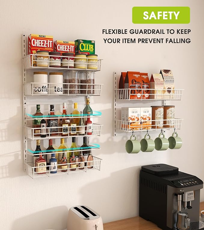 Over The Door Pantry Organizer, Wall Mount Spice Rack, Pantry Hanging Storage and Organization, 6 Adjustable Baskets Heavy-Duty Metal for Home & Kitchen, Back of Door Seasoning Rack - White
