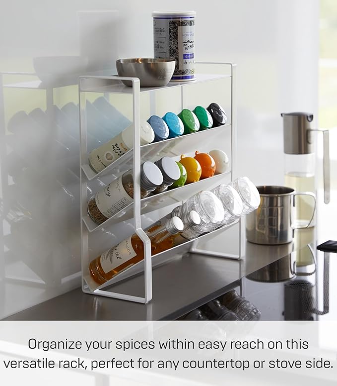 Yamazaki Home Tower 4-Tier Slim Spice Rack Organizer - Large Capacity, Angled Shelves, Flat Top Tier - Ideal For Countertops And Stove Sides - Steel