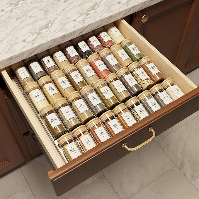 SpaceAid 36 Pcs Spice Jars with Bamboo Lids and Labels, Empty 4oz Glass Spice Bottles, Minimalist Farmhouse Spice Labels Stickers with Funnel, Seasoning Containers for Spice Rack, Cabinet and Drawer