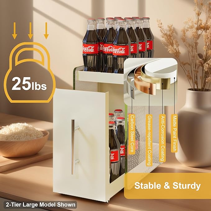 Pull Out Spice Rack Condiment Organizer for Countertop - 2-Tier Slide Out Seasoning Kitchen Organizer with Grease-Free Design - Suitable for Taller Bottles - Alternative to Lazy Susan (2-Tier Large)