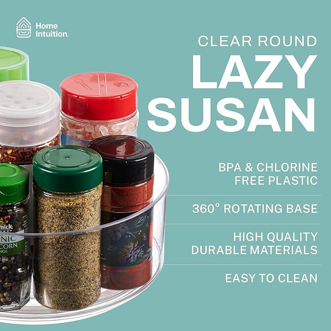 Home Intuition Round Plastic Clear Lazy Susan Turntable Food Storage Container for Kitchen (9" Round, 2 Pack)