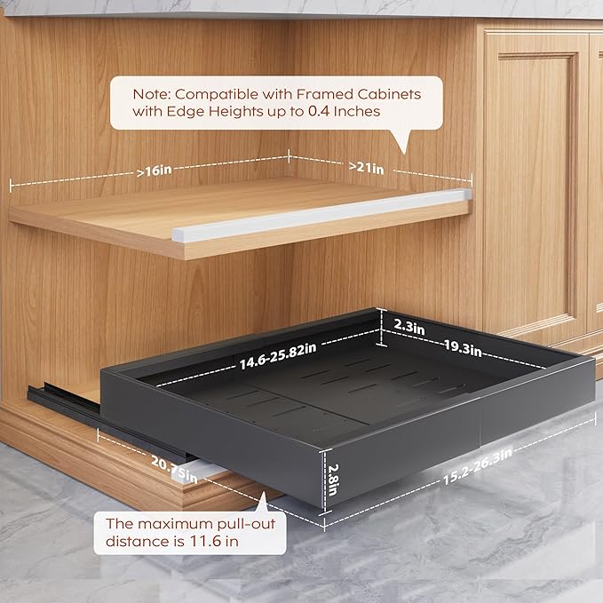 2 Pack Pull Out Cabinet Organizers 21"Deep With Raising Pad for Framed Cabinets,Expandable Slide Out Drawers Upgrade 3 Slide Rails,Roll Out Shelves Adhesive,Adjustable Width 15.2"-26.3" Black