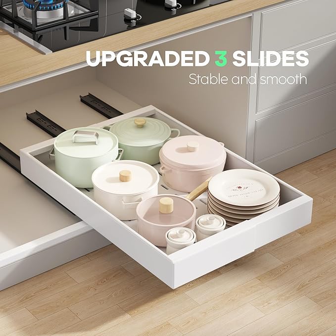 2 Pack Pull out Cabinet Organizer 21" Deep With Raising Pad for Framed Cabinets, Expandable Slide out Drawers for Kitchen Cabinets with 4pcs Divider Racks, Roll out Shelves 9"-14" W White