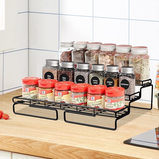 Expandable Spice Rack Set, 3 Tier Spice Rack Organizer for Cabinet Step Shelf Countertop Spice Storage Holder, Metal Seasoning Rack for Kitchen Cabinet Cupboard Pantry - Black