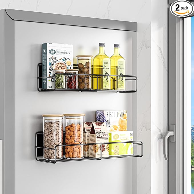 2 Pack Magnetic Spice Rack Organizer, Space Saver for Refrigerator and Microwave Oven, Magnetical Fridge Shelf for Jars, Seaoning, tins and Utensils Black