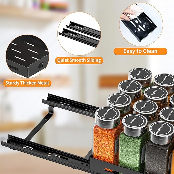 RCHYFEED Pull Out Spice Rack Organizer for Cabinet, Heavy Duty Slide Out Spice Rack for Inside Cabinets & Pantry, Kitchen Cabinet Seasoning Organizer Vertical Spice Racks,8.4" Wx10.5 Dx2.8 H,Black