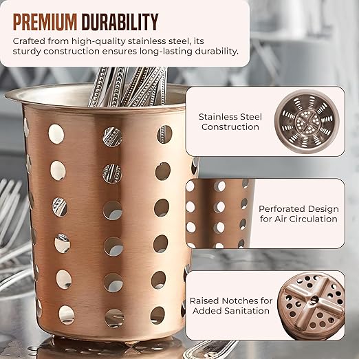 OCS Parts Stainless Steel Utensil Drying Cups | Copper | Perforated Kitchen Flatware and Silverware Holder