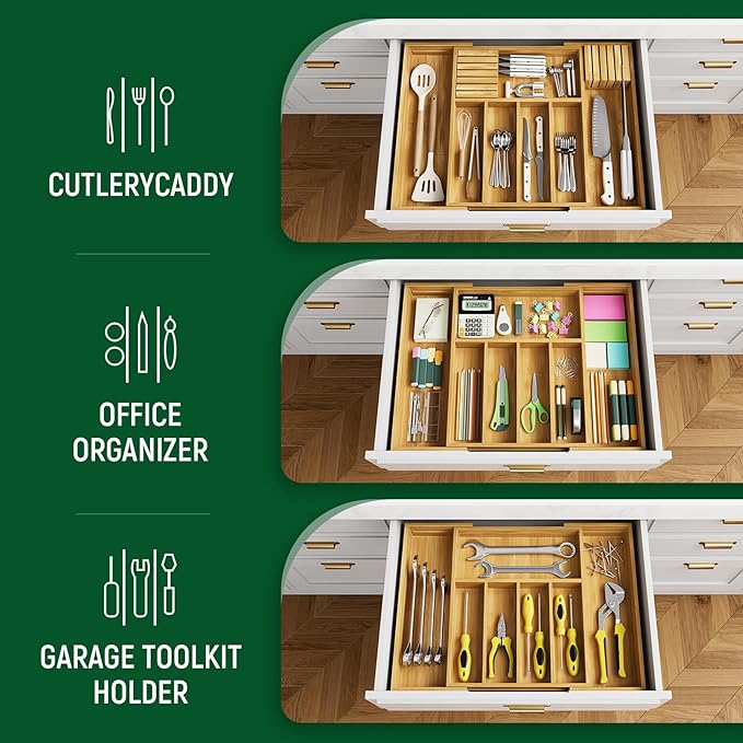Emojoy Silverware Storage,Carbonized Bamboo Cutlery Storage Organizer, Expandable Cutlery Rack, 7 Slots, Perfect for Storing Cutlery and Kitchen Utensils with Removable Knife Holder