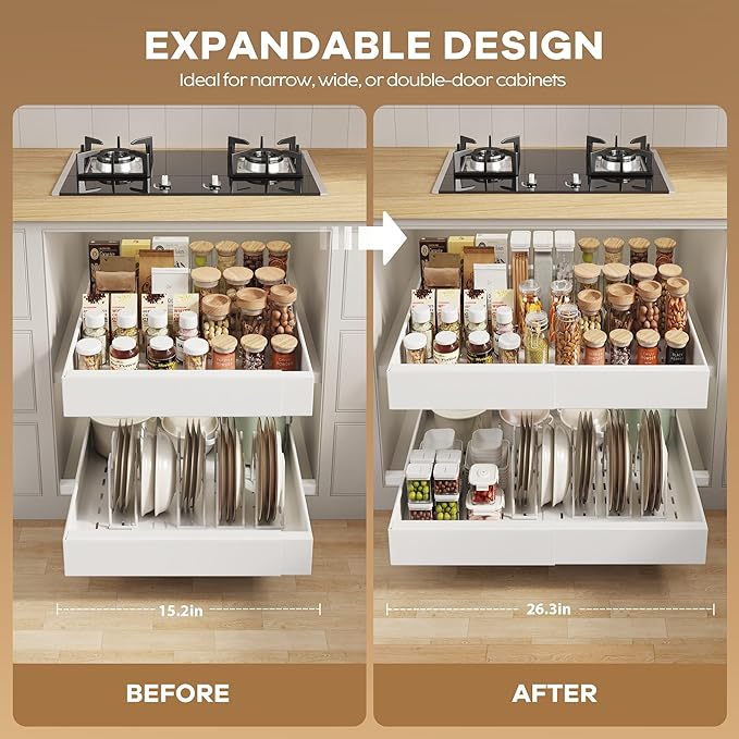 2 Pack Pull out Cabinet Organizer 21"Deep With Raising Pad for Framed Cabinets, Expandable Slide out Drawers for Kitchen Cabinets with 4pcs Divider Racks, Roll out Shelves 15.2"-26.3"W White
